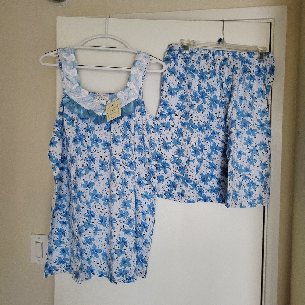 Lati Fashion Pajana Short Set Floral Blue White Sleeveless